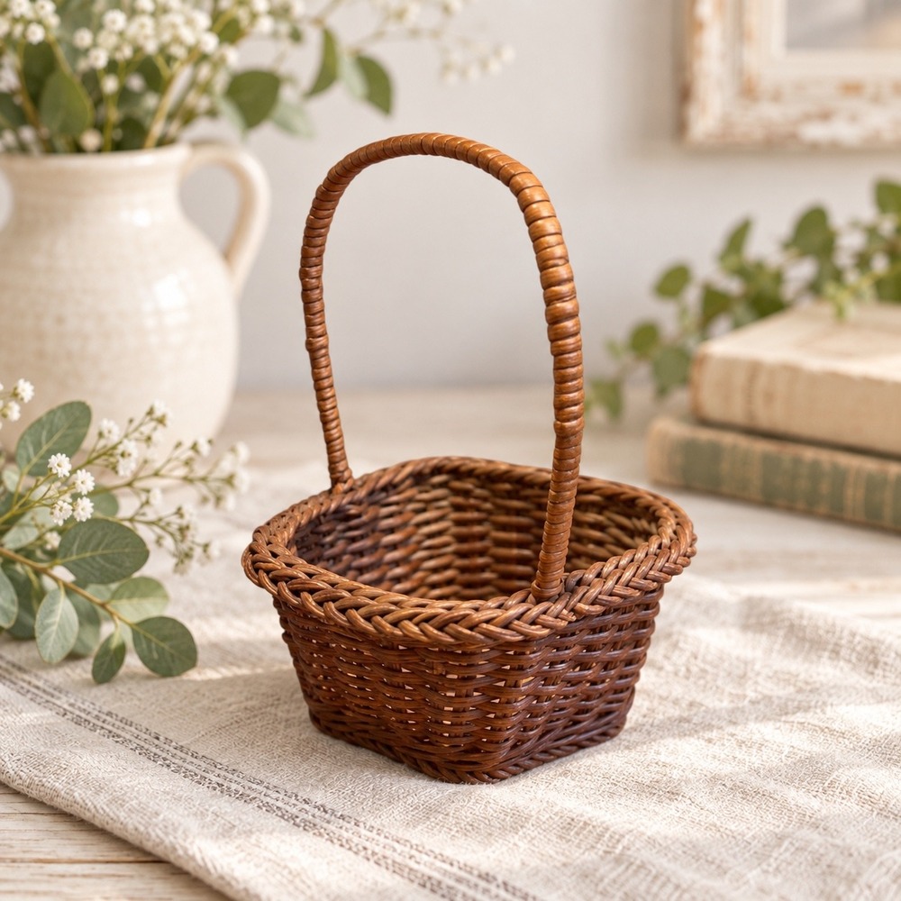 Vintage Dark Brown Wicker Miniature Basket with High Handle Rustic Home Decor